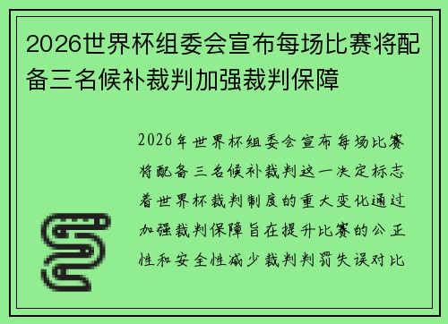 2026世界杯组委会宣布每场比赛将配备三名候补裁判加强裁判保障